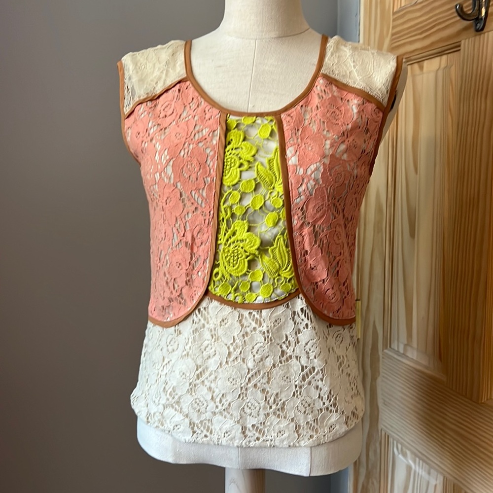 Anthropologie CHAMPAGNE & STRAWBERRY Lace Shirt XS (runs large)